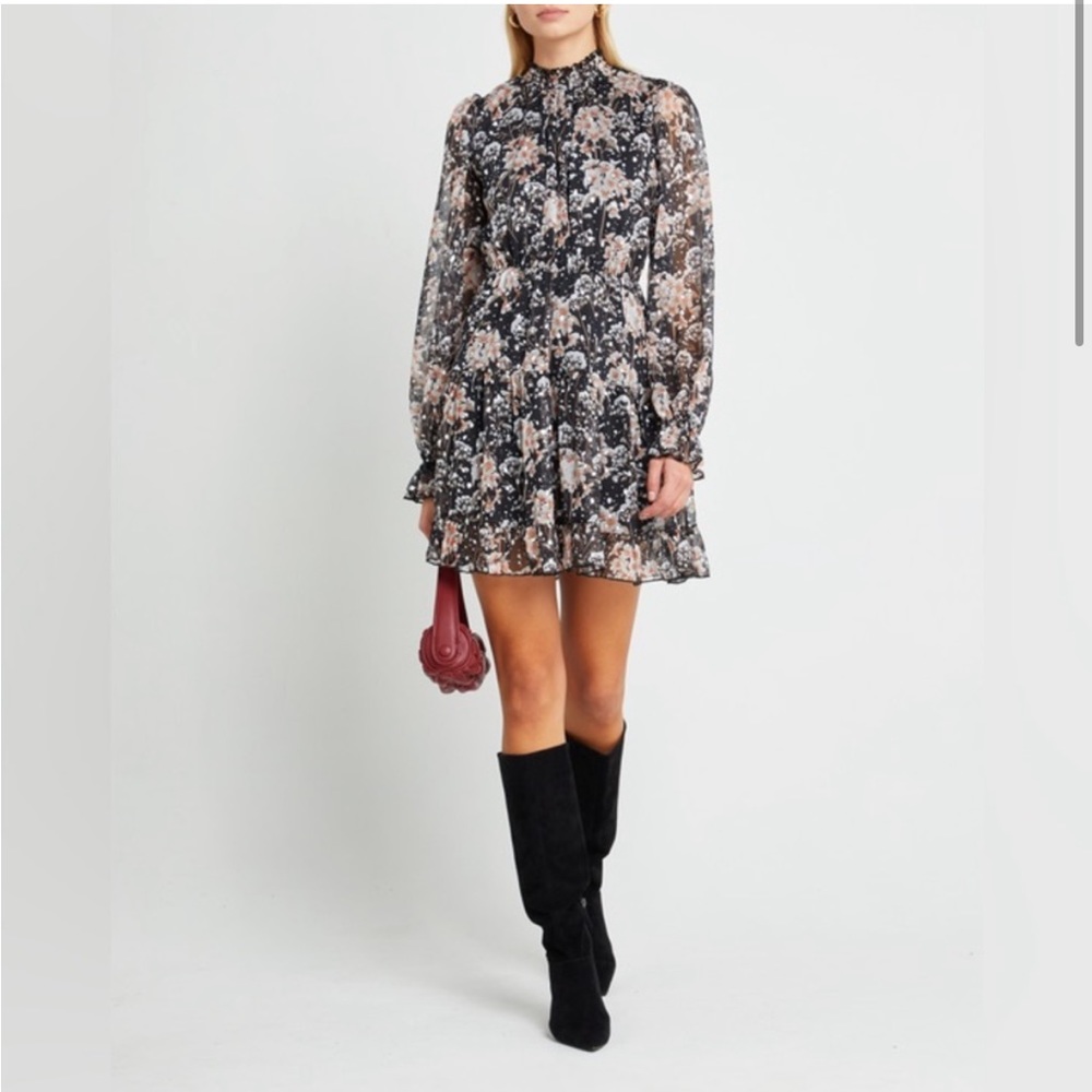 Antro O.P.T. Lluvia Mini Dress Long Sleeves Floral Silver XS